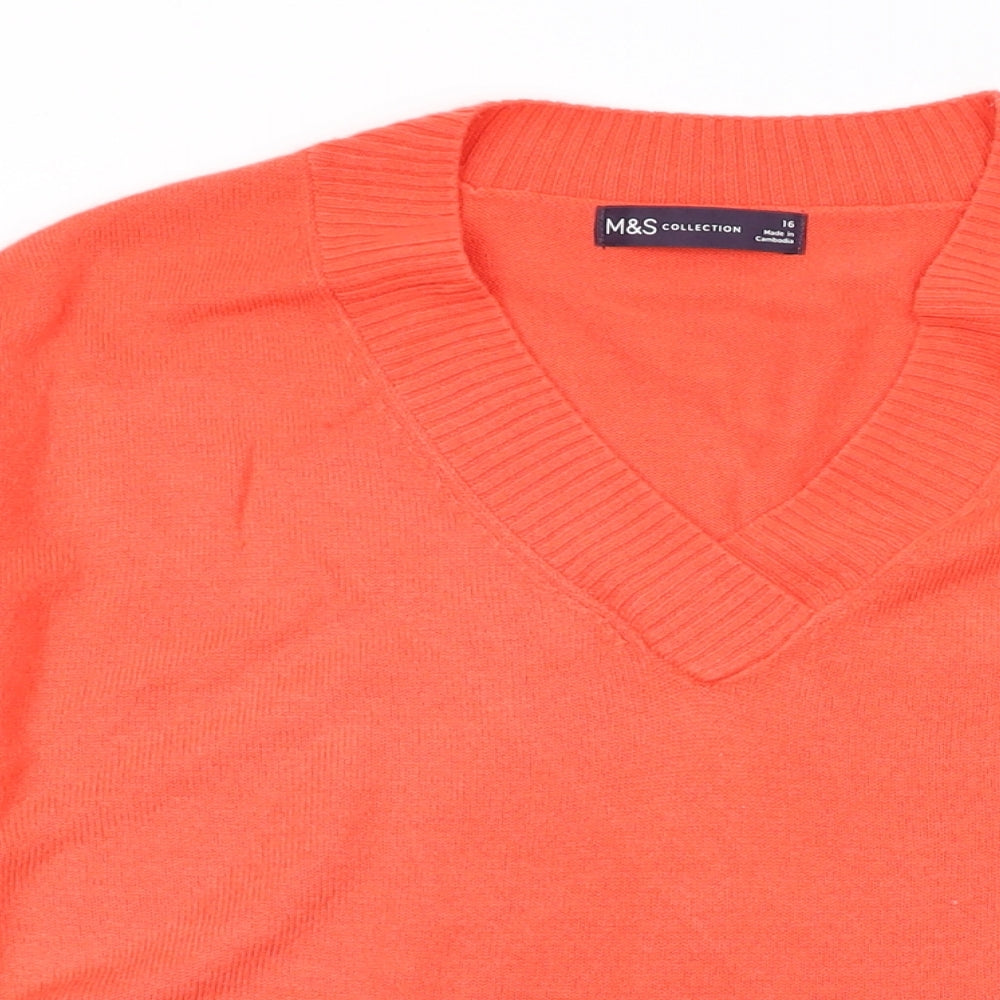 Marks and Spencer Womens Orange V-Neck Acrylic Pullover Jumper Size 16