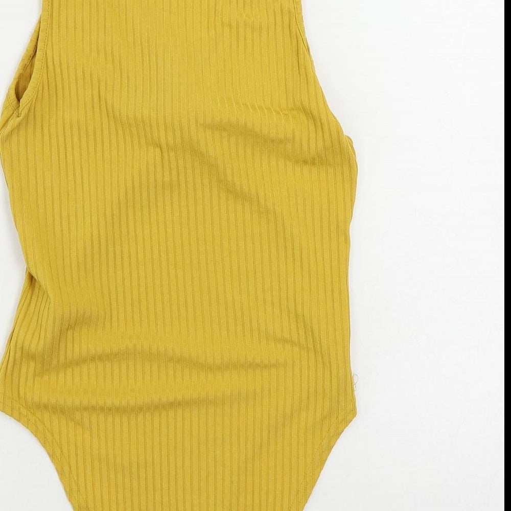 New Look Womens Yellow Polyester Bodysuit One-Piece Size 12 Snap - Ribbed