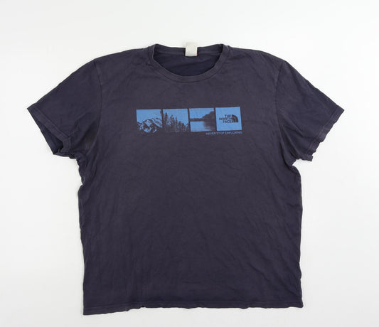 The North Face Mens Blue Cotton T-Shirt Size L Crew Neck - Logo