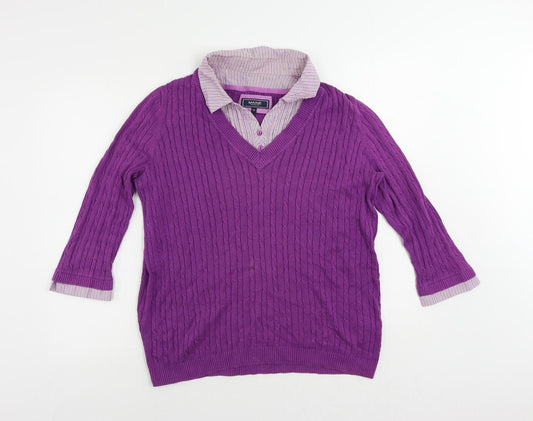 Maine New England Womens Purple Collared Cotton Pullover Jumper Size 16