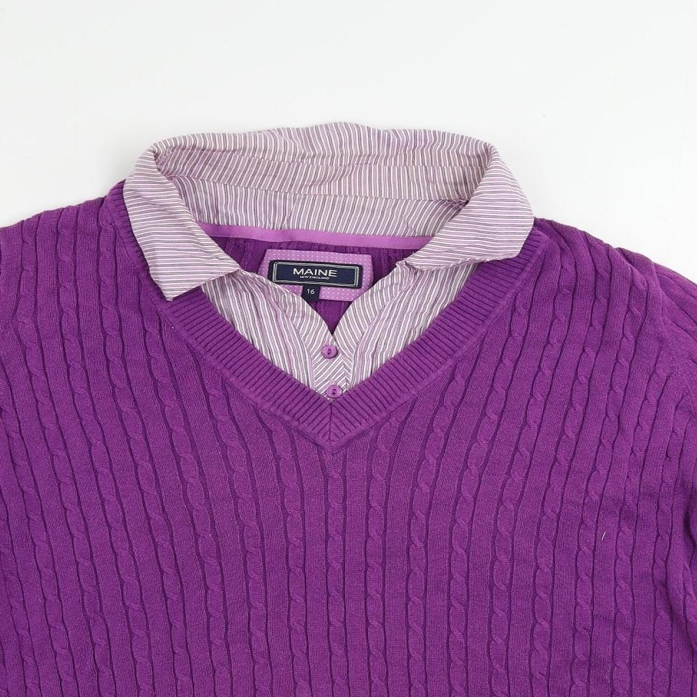 Maine New England Womens Purple Collared Cotton Pullover Jumper Size 16