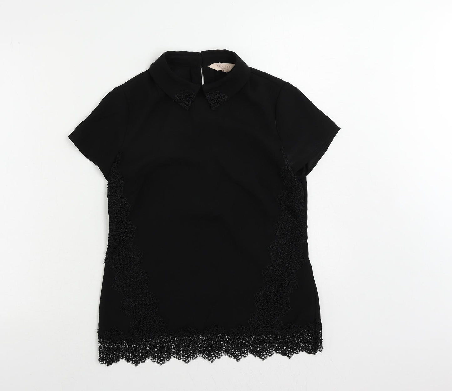 Ted Baker Womens Black Polyester Basic Blouse Size S Collared - Crocheted Lace Detail