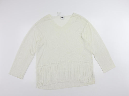 DKNY Womens Ivory V-Neck Viscose Pullover Jumper Size L - Vintage