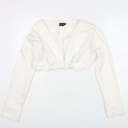 PRETTYLITTLETHING Womens White Polyester Cropped Blouse Size 8 V-Neck - Twist Detail