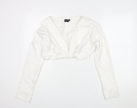 PRETTYLITTLETHING Womens White Polyester Cropped Blouse Size 8 V-Neck - Twist Detail