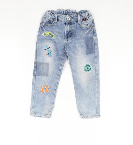 Woolworths Boys Blue Cotton Tapered Jeans Size 2 Years Regular Zip - Elasticated Waist Embroidered Detail