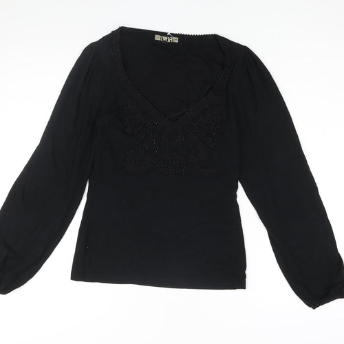 BiBA Womens Black Viscose Basic Blouse Size 8 V-Neck - Beading Detail