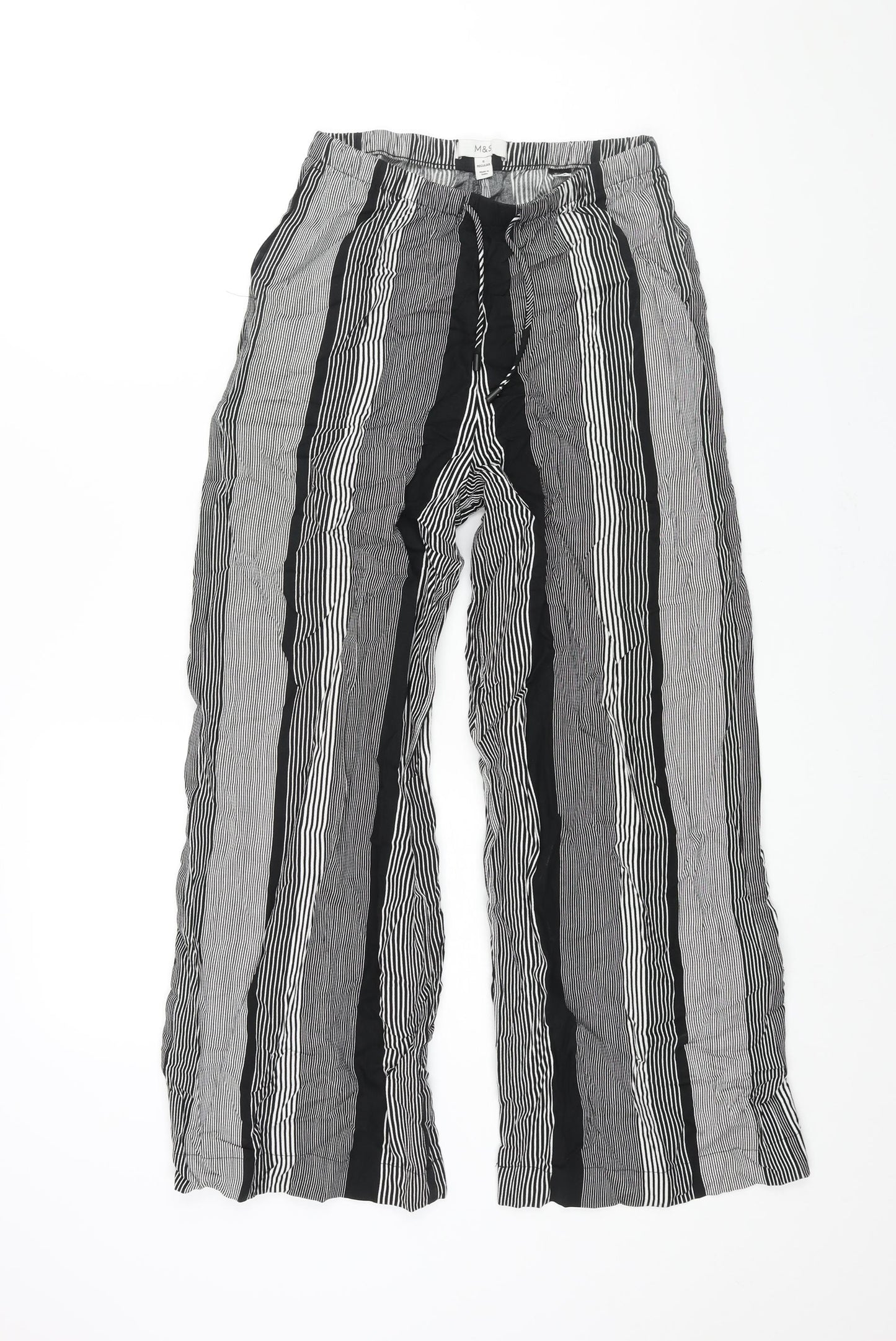 Marks and Spencer Womens Black Striped Polyester Trousers Size 6 L26 in Regular Drawstring