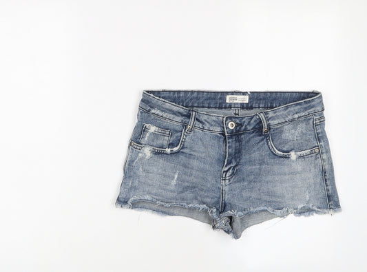 Zara Womens Blue Cotton Hot Pants Shorts Size 12 Regular Zip - Distressed