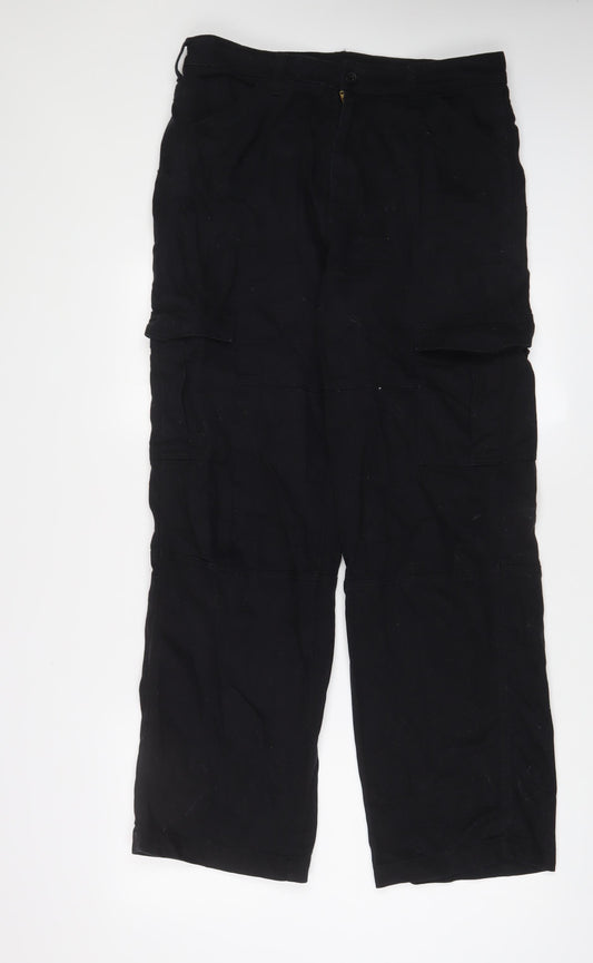 H&M Womens Black Cotton Cargo Trousers Size 14 L31 in Regular Zip