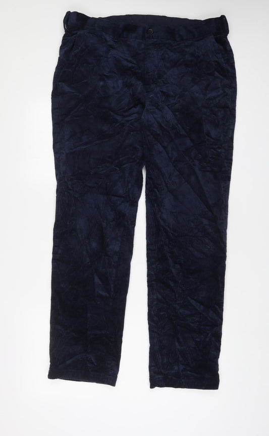 Marks and Spencer Mens Blue Cotton Trousers Size 36 in L33 in Regular Zip - Long Leg