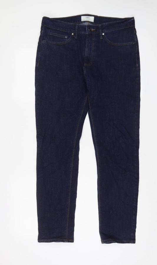 Marks and Spencer Mens Blue Cotton Straight Jeans Size 32 in L31 in Slim Zip