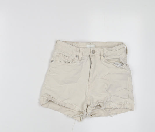 H&M Womens Beige Cotton Basic Shorts Size 8 Regular Zip - Distressed