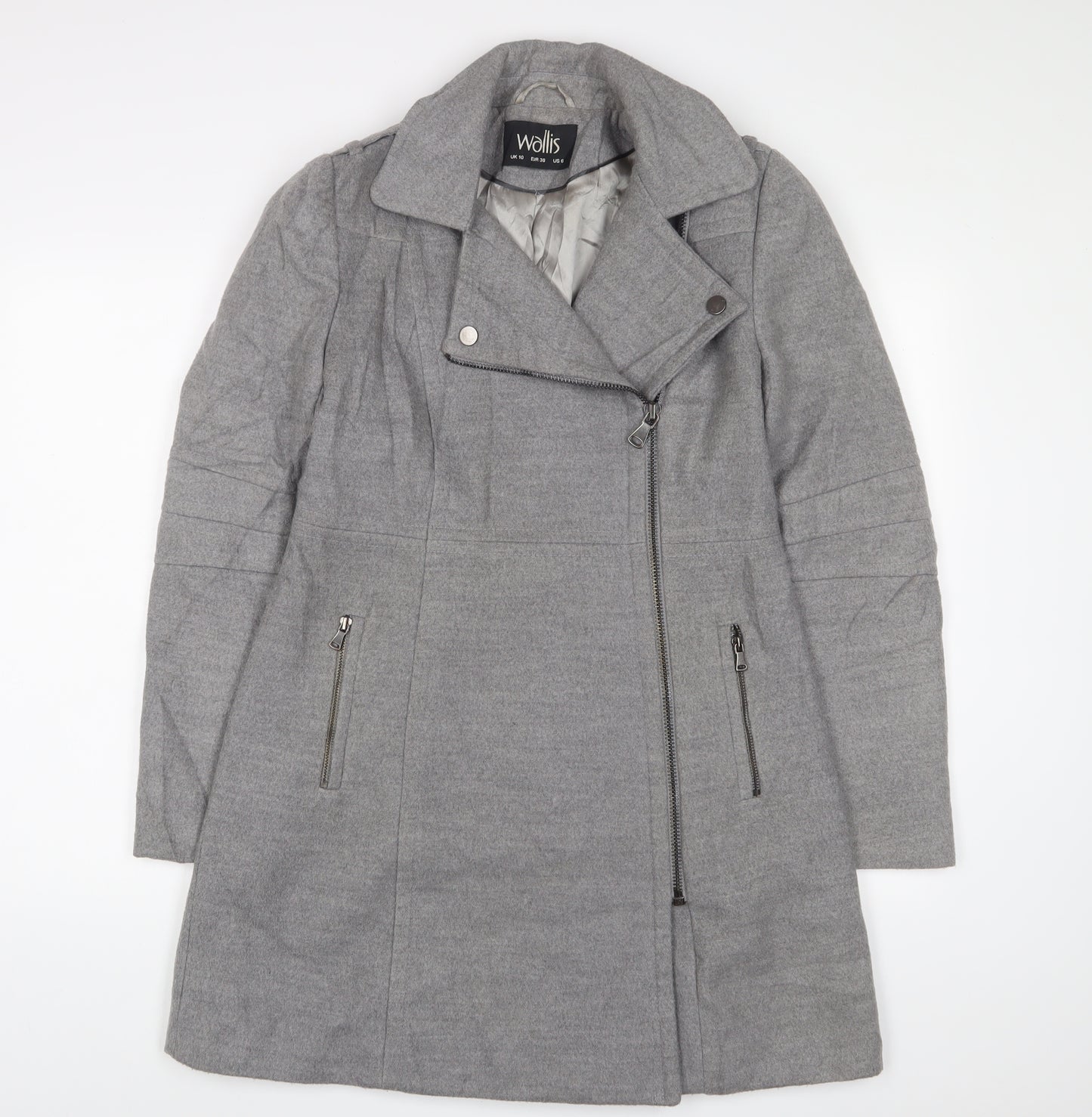 Wallis Womens Grey Overcoat Coat Size 10 Zip - Zip Pockets