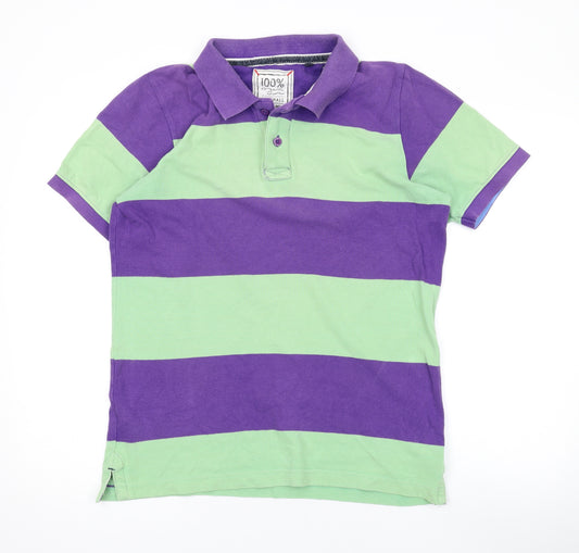 John Lewis Mens Purple Striped Cotton Polo Size S Collared Button