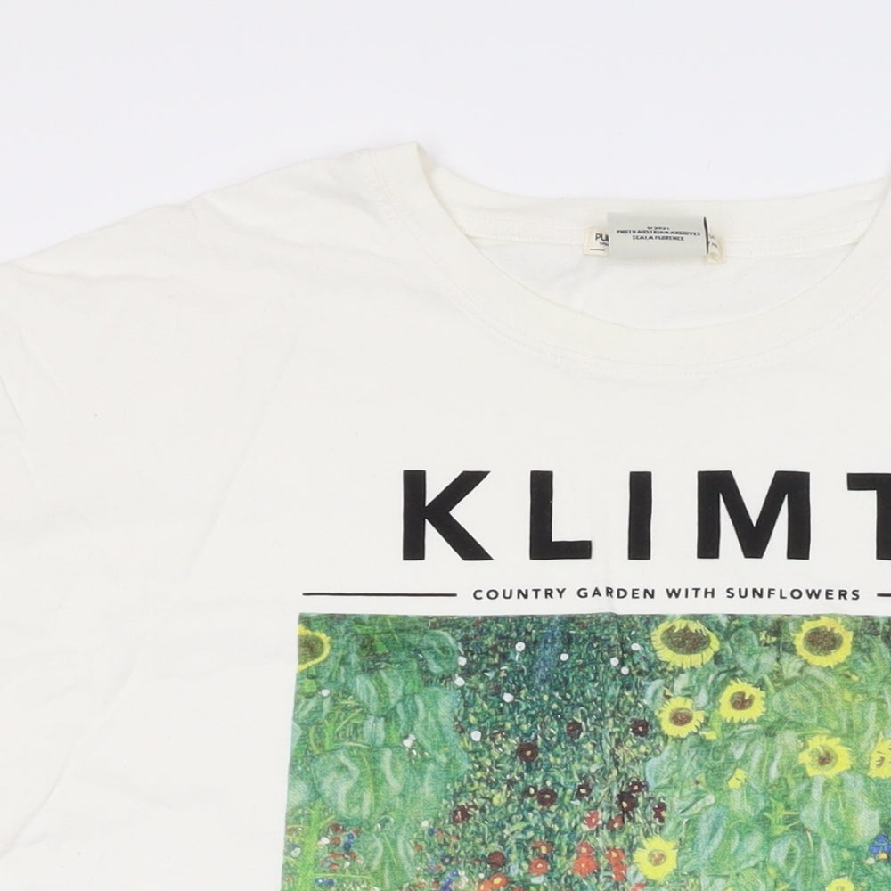 Pull&Bear Mens White Cotton T-Shirt Size M Round Neck - KLIMT