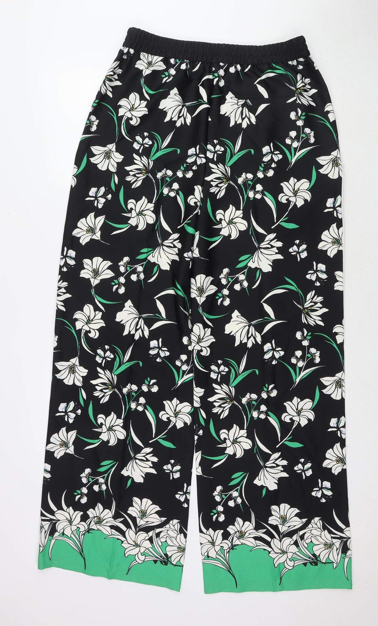 Marks and Spencer Womens Black Floral Polyester Trousers Size 12 L32 in Regular