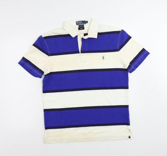 Polo Ralph Lauren Mens Blue Striped Cotton Polo Size M Collared Button - Logo Vintage