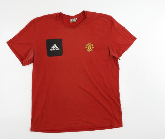 adidas Mens Red Cotton T-Shirt Size XL Crew Neck - Logo Vintage Manchester United