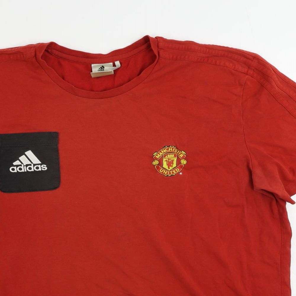 adidas Mens Red Cotton T-Shirt Size XL Crew Neck - Logo Vintage Manchester United