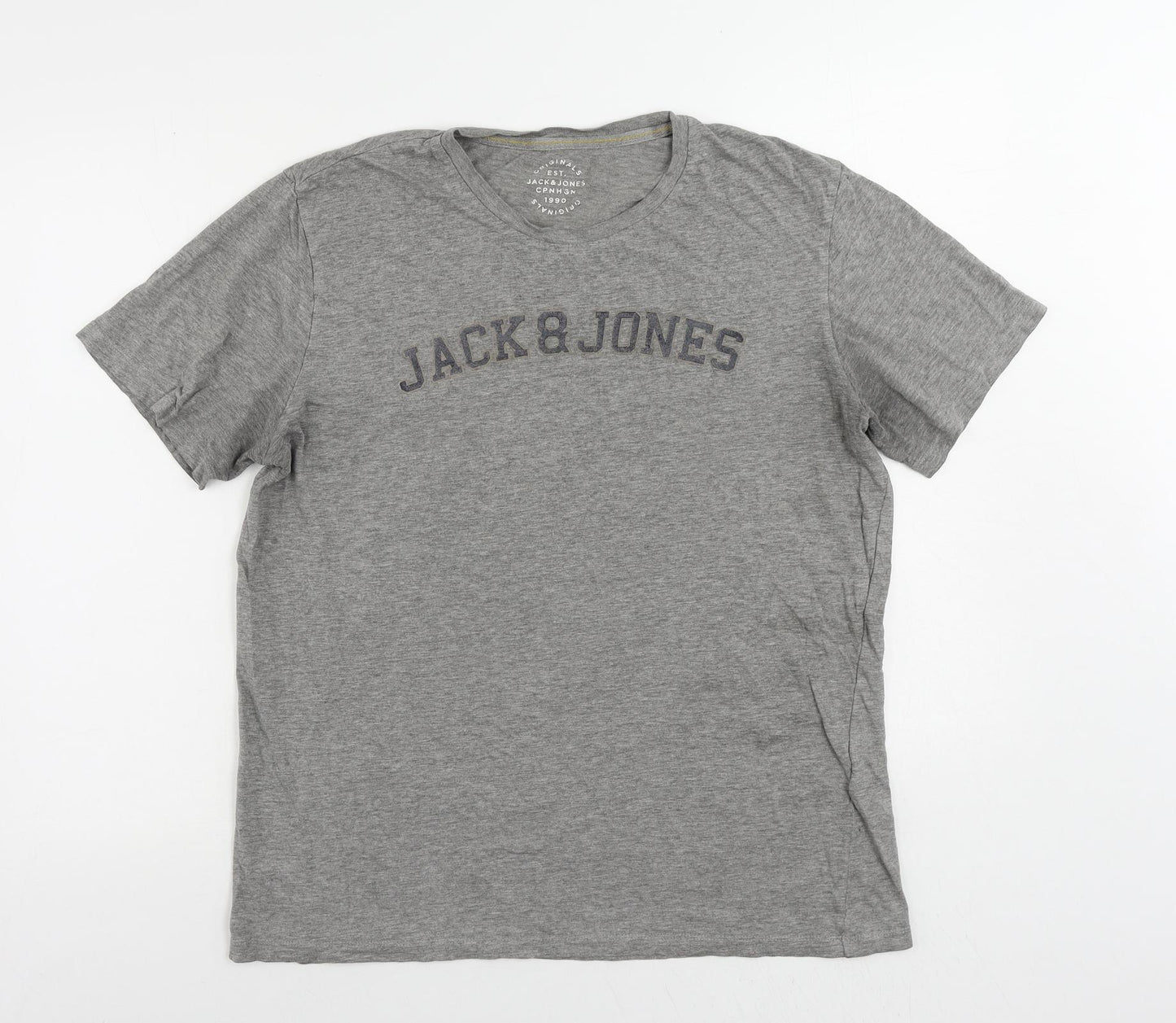 JACK & JONES Mens Grey Cotton T-Shirt Size L Crew Neck - Logo Vintage