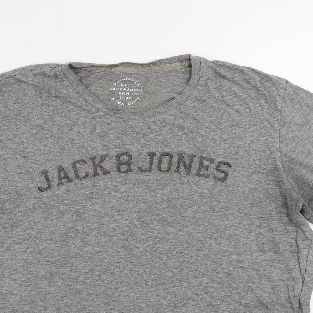 JACK & JONES Mens Grey Cotton T-Shirt Size L Crew Neck - Logo Vintage