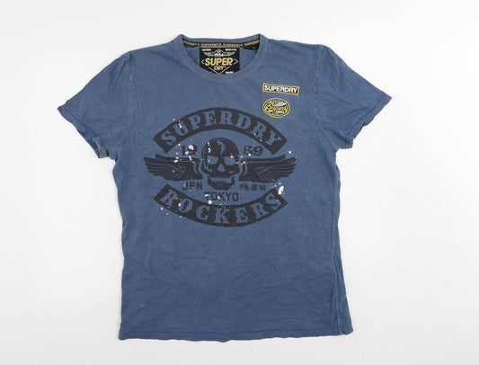 Superdry Mens Blue Cotton T-Shirt Size XL Crew Neck - Logo Vintage