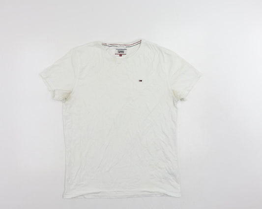 Tommy Hilfiger Mens White Cotton T-Shirt Size L Crew Neck - Vintage Logo