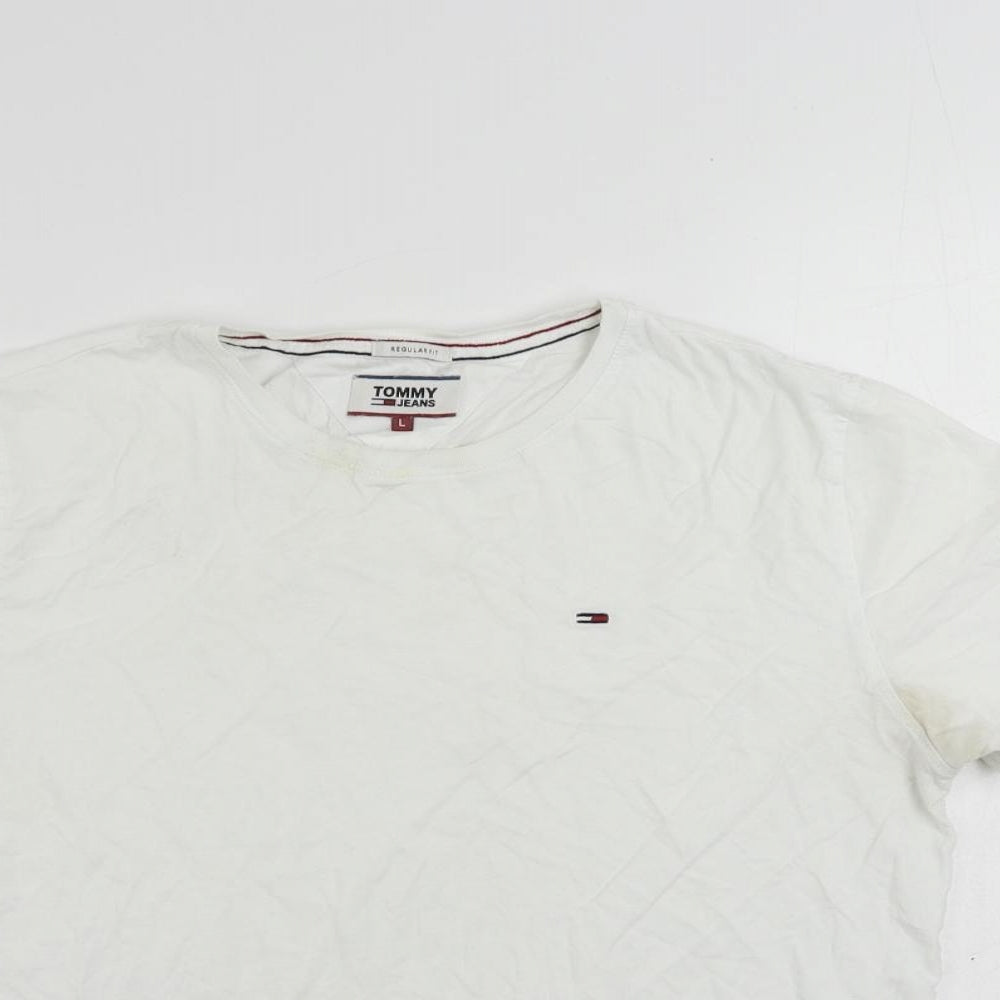 Tommy Hilfiger Mens White Cotton T-Shirt Size L Crew Neck - Vintage Logo