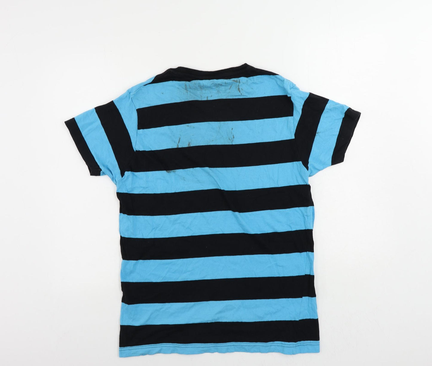 Pull&Bear Mens Blue Striped Cotton T-Shirt Size L Crew Neck