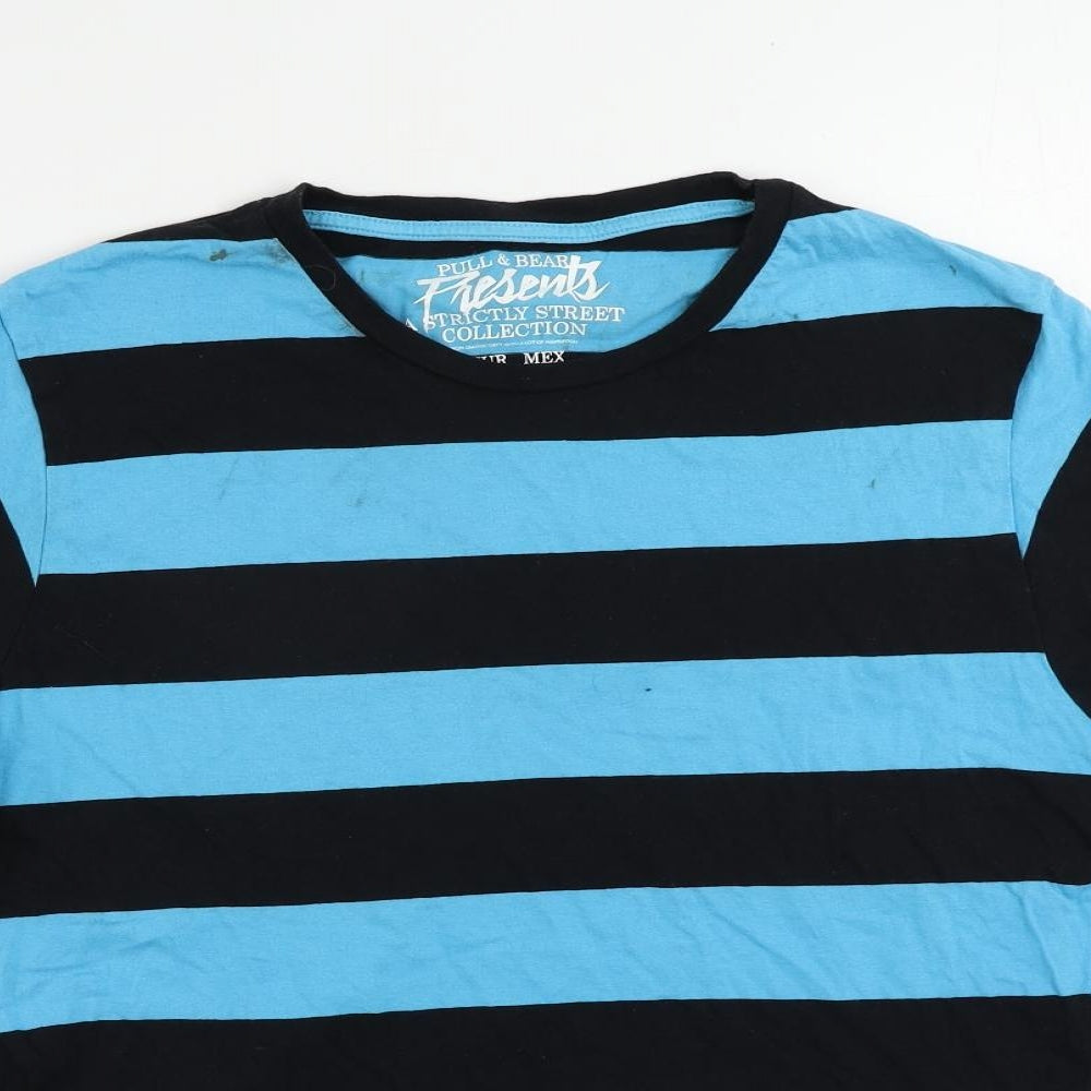 Pull&Bear Mens Blue Striped Cotton T-Shirt Size L Crew Neck