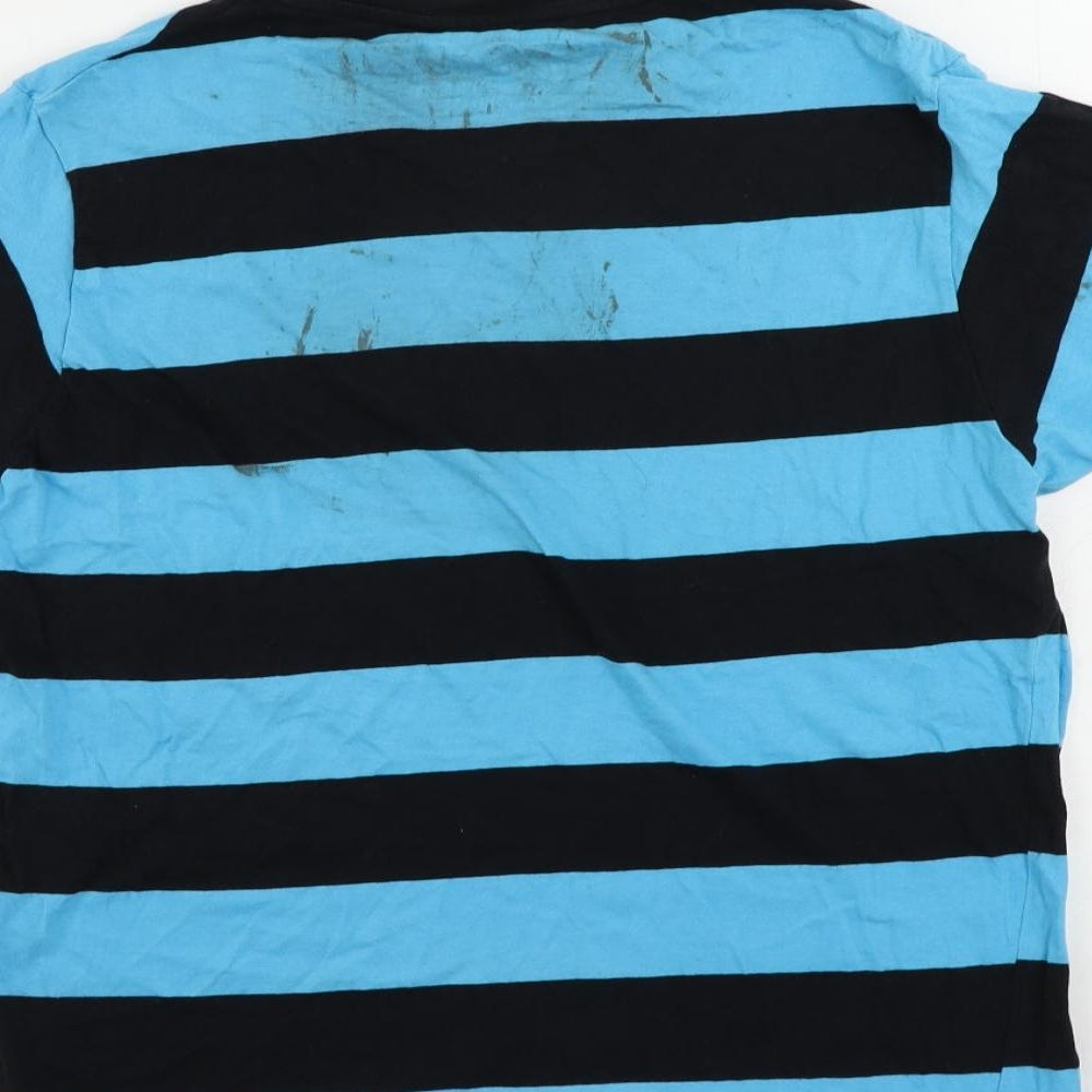 Pull&Bear Mens Blue Striped Cotton T-Shirt Size L Crew Neck