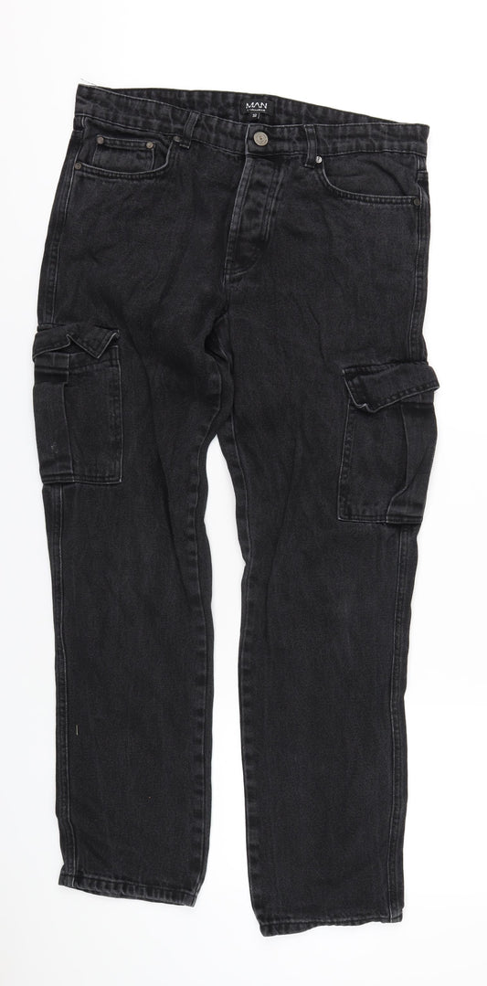 Boohoo Mens Black Cotton Straight Jeans Size 32 in L32 in Regular Button