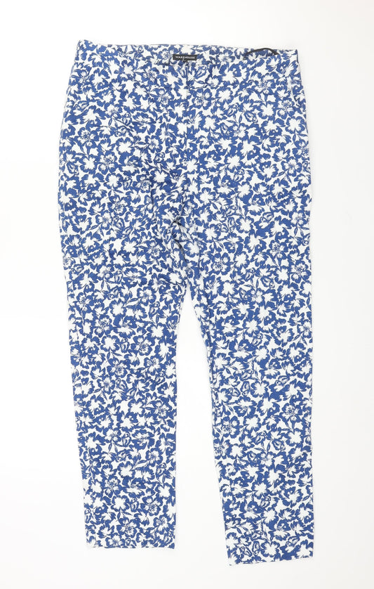 Warehouse Womens Blue Geometric Cotton Trousers Size 14 L27 in Regular Zip - Floral Print