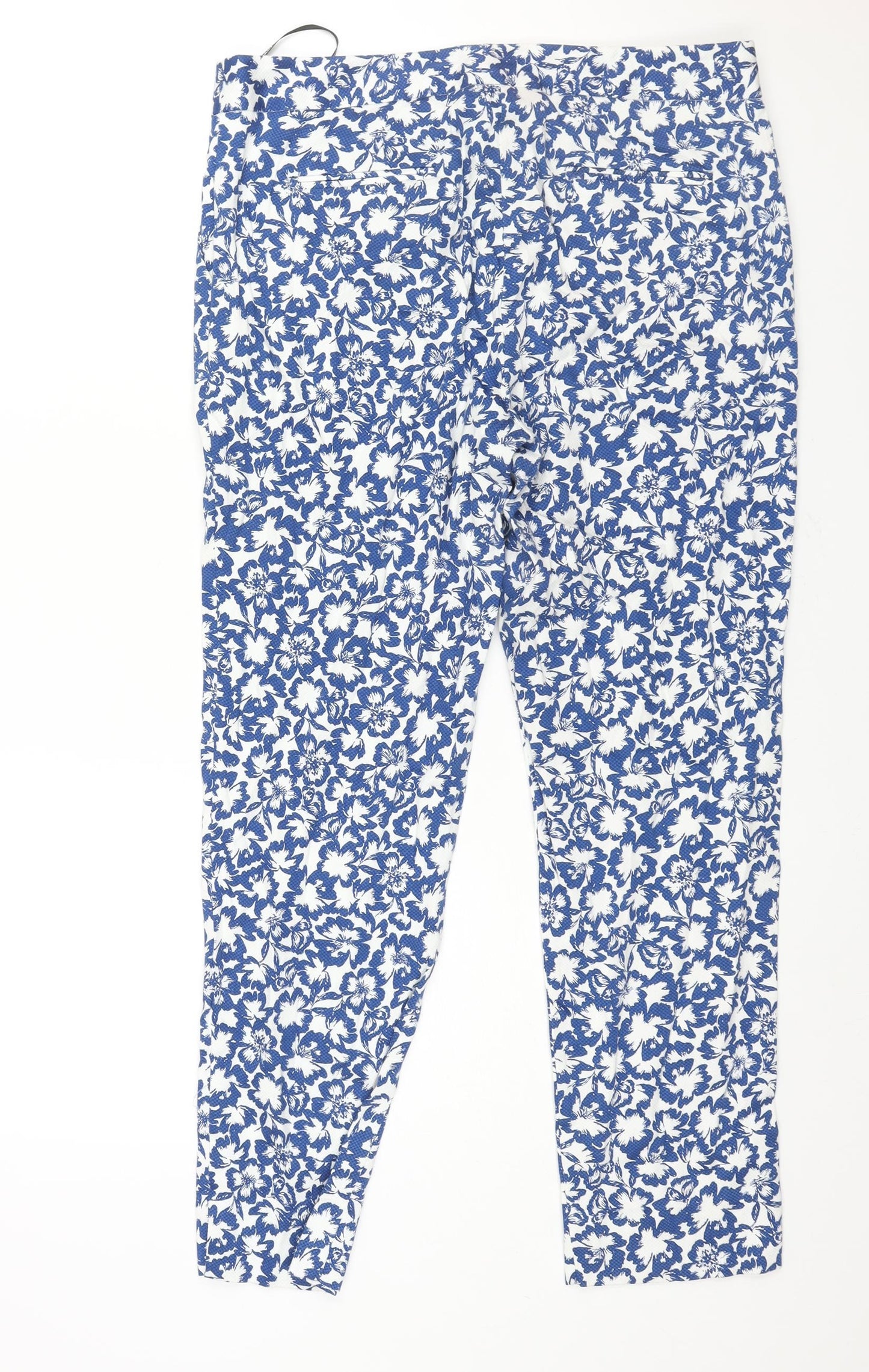 Warehouse Womens Blue Geometric Cotton Trousers Size 14 L27 in Regular Zip - Floral Print