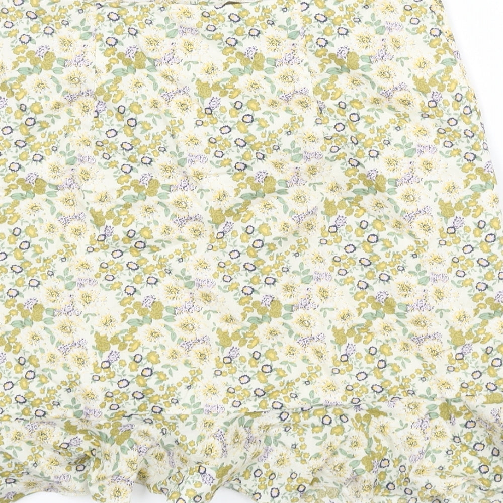 Boohoo Womens Multicoloured Floral Cotton Mini Skirt Size 6 Zip - Drawstring Rouched Frill