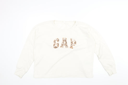 Gap Womens White Cotton Pullover Sweatshirt Size M Pullover - Sequin Logo