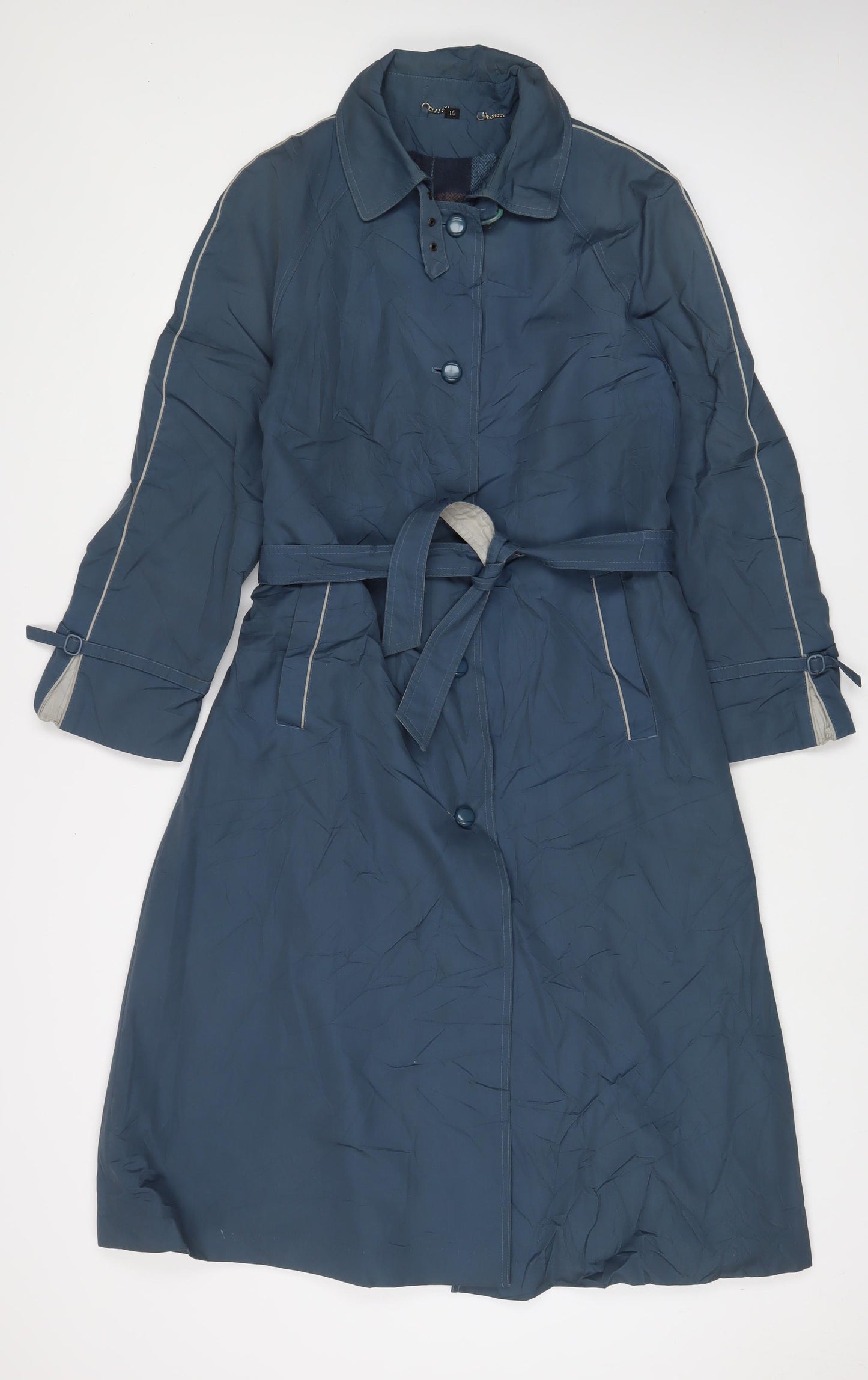 Telemac Womens Blue Overcoat Coat Size 14 Button - Belted