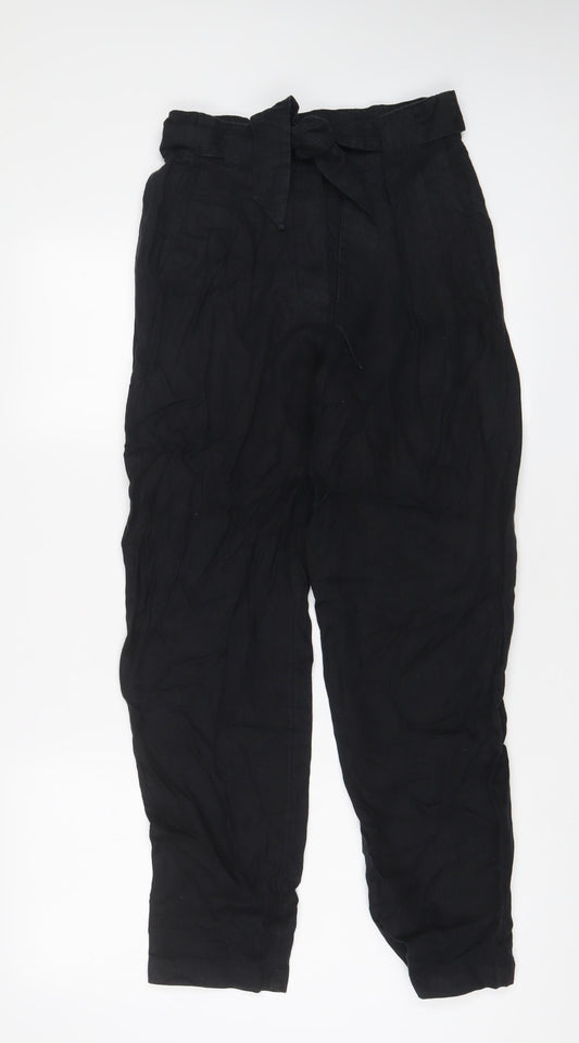 Marks and Spencer Womens Black Linen Trousers Size 8 L30 in Regular Hook & Eye - Belted