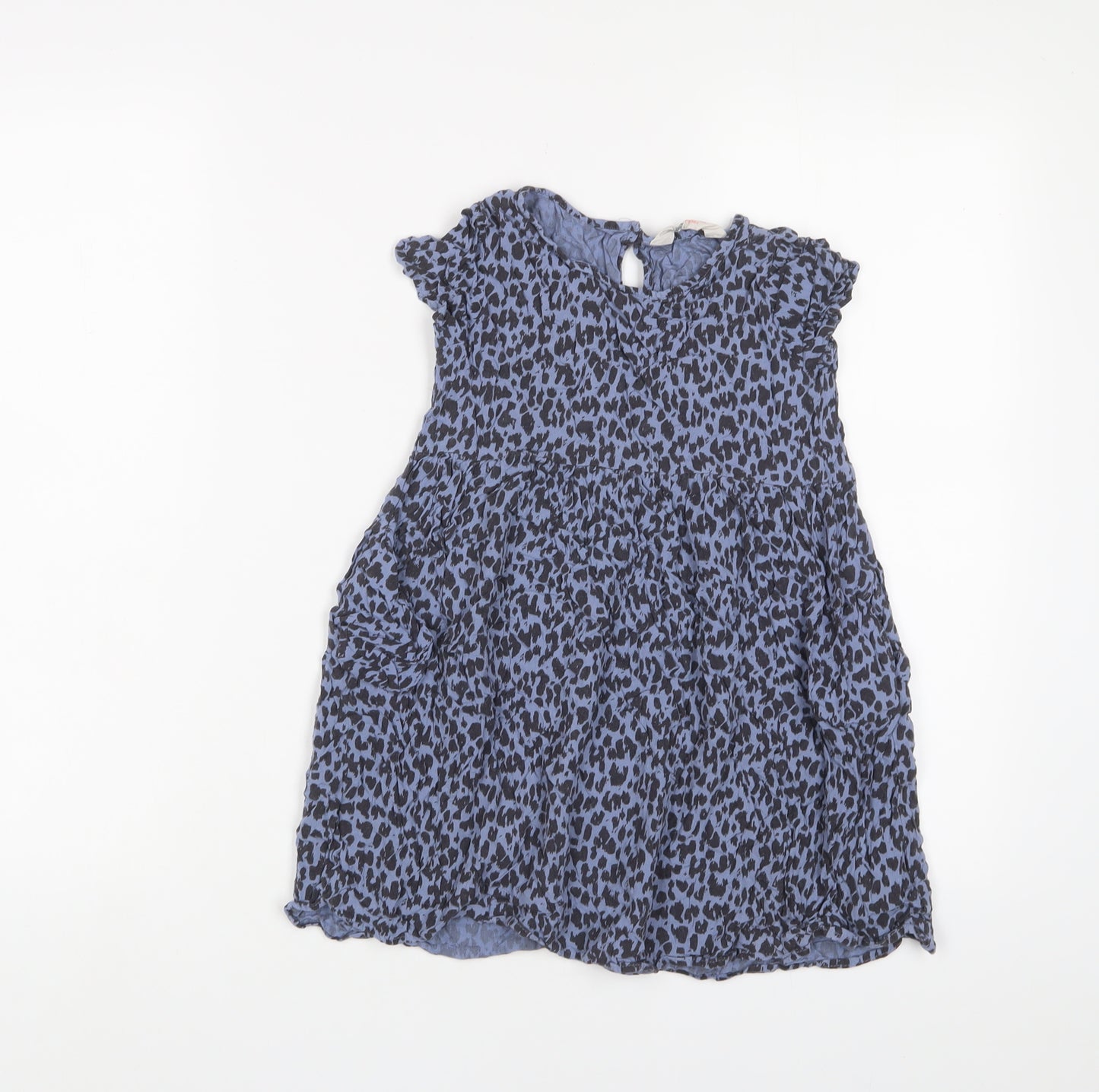 H&M Girls Blue Animal Print Viscose A-Line Size 7-8 Years Crew Neck Button - Pockets