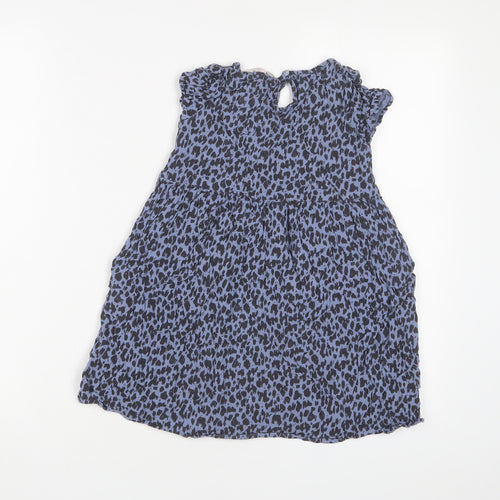 H&M Girls Blue Animal Print Viscose A-Line Size 7-8 Years Crew Neck Button - Pockets