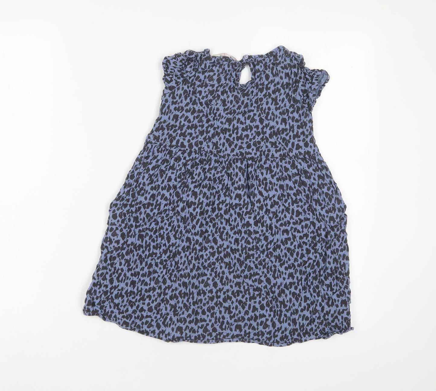 H&M Girls Blue Animal Print Viscose A-Line Size 7-8 Years Crew Neck Button - Pockets