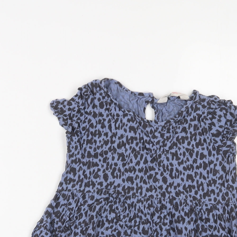 H&M Girls Blue Animal Print Viscose A-Line Size 7-8 Years Crew Neck Button - Pockets