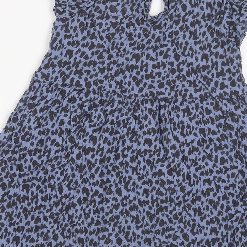 H&M Girls Blue Animal Print Viscose A-Line Size 7-8 Years Crew Neck Button - Pockets