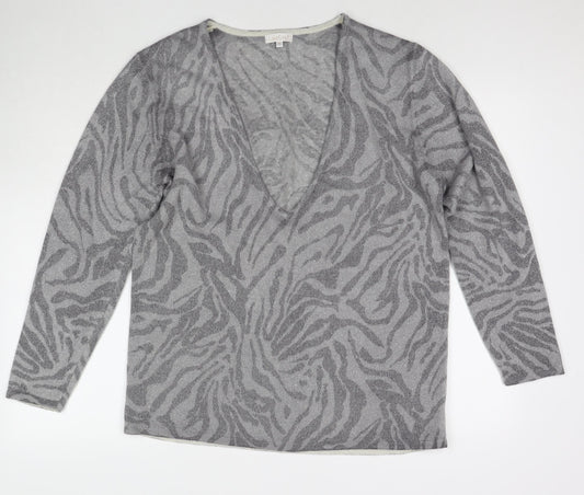 Lakeland Womens Grey V-Neck Animal Print Wool Pullover Jumper Size 16