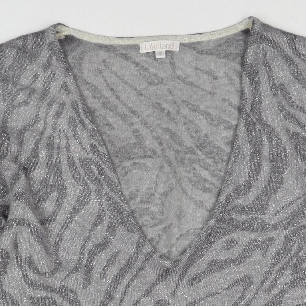 Lakeland Womens Grey V-Neck Animal Print Wool Pullover Jumper Size 16