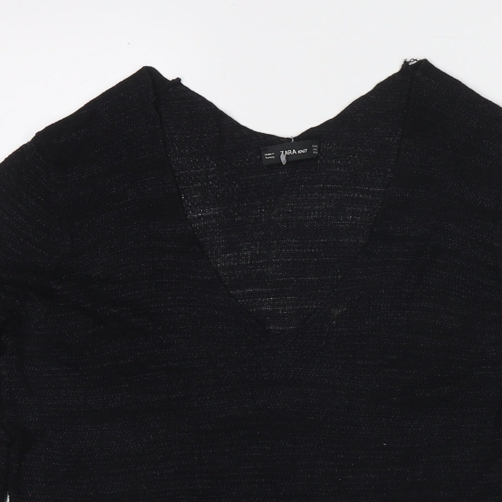 Zara Knit Womens Black V-Neck Polyester Pullover Jumper Size S