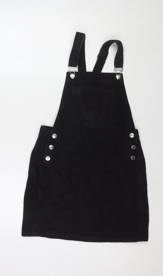 Papaya Womens Black Cotton Pinafore/Dungaree Dress Size 8 Square Neck Button