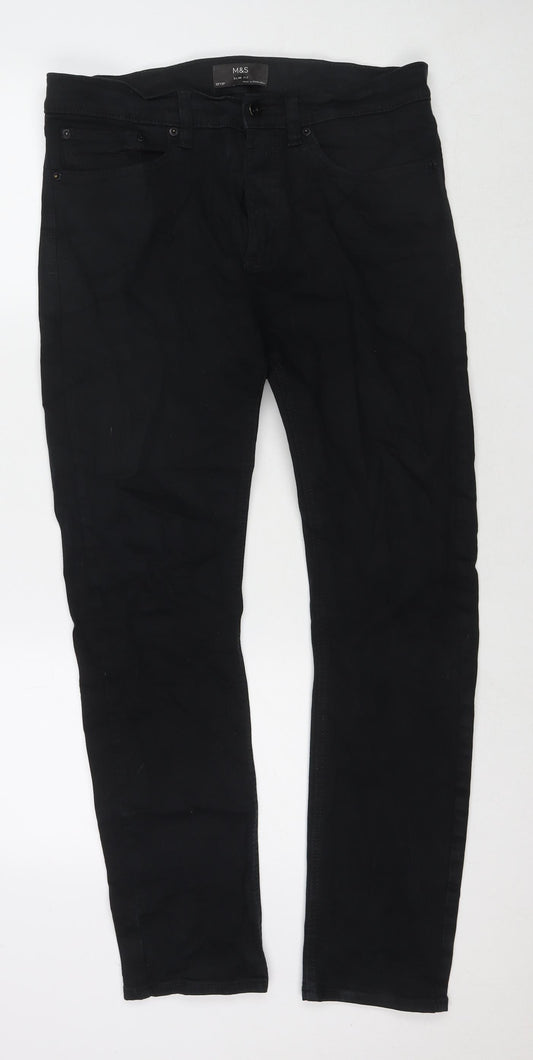 Marks and Spencer Mens Black Cotton Straight Jeans Size 32 in L31 in Regular Zip