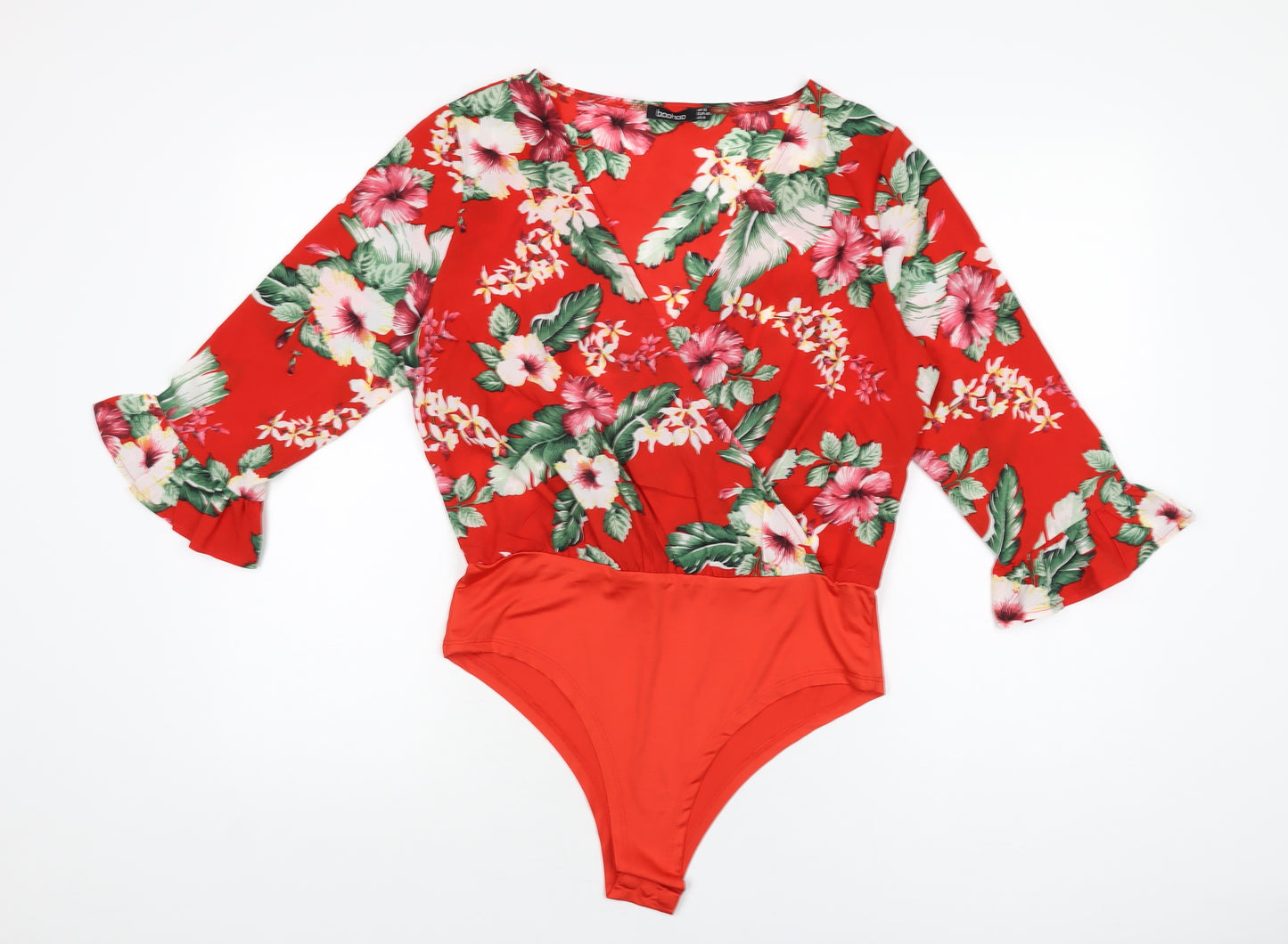 Boohoo Womens Red Floral Polyester Bodysuit One-Piece Size 12 Snap